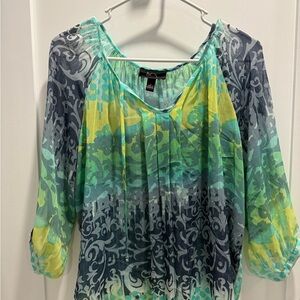 BCX Women's Green Teal Ombre Printed Peasant Blouse
